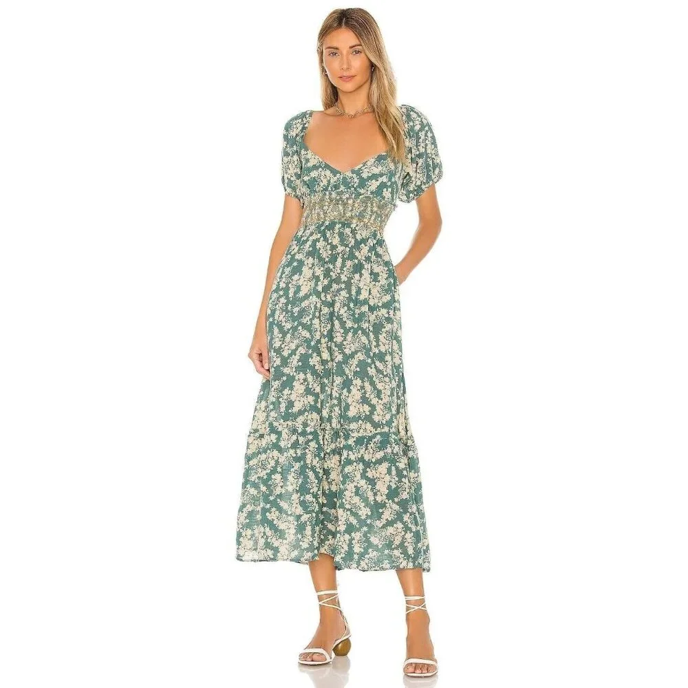 Free People Printed Ellie Maxi Dress Green Floral Smocked Peasant Size Small - Picture 1 of 13